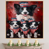 Border Collie Mother with Three Puppies in Patriotic Outfits and Hats in Front of American Flag and Red Flowers on Ready to Hang 1.5" Thick Canvas Wrap, Floating Framed Canvas, Flat Rolled Canvas