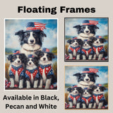 Border Collie Mother and Three Puppies in Patriotic Outfits Near Lake with American Flag Theme and Blue Sky Background on Ready to Hang 1.5" Thick Canvas Wrap, Floating Framed Canvas, Flat Rolled Canvas