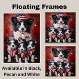 Border Collie Mother with Three Puppies in Patriotic Outfits and Hats in Front of American Flag and Red Flowers on Ready to Hang 1.5" Thick Canvas Wrap, Floating Framed Canvas, Flat Rolled Canvas