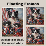 Border Collie Mother with Three Puppies in Patriotic Outfits and Hats Against Bold Red Starry Background on Ready to Hang 1.5" Thick Canvas Wrap, Floating Framed Canvas, Flat Rolled Canvas