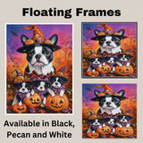 Boston Terrier Puppies Halloween Pumpkin Wall Art with Witch Hats Rustic Fall Canvas Decor for Autumn Bedrooms on Ready to Hang 1.5" Thick Canvas Wrap, Floating Framed Canvas, Flat Rolled Canvas