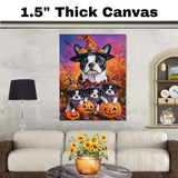 Boston Terrier Puppies Halloween Pumpkin Wall Art with Witch Hats Rustic Fall Canvas Decor for Autumn Bedrooms on Ready to Hang 1.5" Thick Canvas Wrap, Floating Framed Canvas, Flat Rolled Canvas