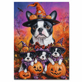 Boston Terrier Puppies Halloween Pumpkin Wall Art with Witch Hats Rustic Fall Canvas Decor for Autumn Bedrooms on Ready to Hang 1.5" Thick Canvas Wrap, Floating Framed Canvas, Flat Rolled Canvas