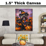 Bouvier des Flandres Halloween Canvas Wall Art with Pumpkins and Witch Hat Rustic Fall Decoration for Dining Rooms on Ready to Hang 1.5" Thick Canvas Wrap, Floating Framed Canvas, Flat Rolled Canvas