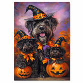 Bouvier des Flandres Halloween Canvas Wall Art with Pumpkins and Witch Hat Rustic Fall Decoration for Dining Rooms on Ready to Hang 1.5" Thick Canvas Wrap, Floating Framed Canvas, Flat Rolled Canvas