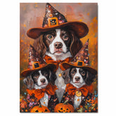 Brittany Spaniel Dog Halloween Canvas Wall Art with Pumpkins and Witch Hats Rustic Fall Accent for Cozy Autumn Homes on Ready to Hang 1.5" Thick Canvas Wrap, Floating Framed Canvas, Flat Rolled Canvas