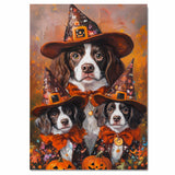 Brittany Spaniel Dog Halloween Canvas Wall Art with Pumpkins and Witch Hats Rustic Fall Accent for Cozy Autumn Homes on Ready to Hang 1.5" Thick Canvas Wrap, Floating Framed Canvas, Flat Rolled Canvas