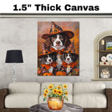 Brittany Spaniel Dog Halloween Canvas Wall Art with Pumpkins and Witch Hats Rustic Fall Accent for Cozy Autumn Homes on Ready to Hang 1.5" Thick Canvas Wrap, Floating Framed Canvas, Flat Rolled Canvas