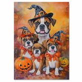 Boxer Dog Halloween Canvas Wall Art with Pumpkins and Witch Hats Rustic Fall Accent for Cozy Farmhouse Homes on Ready to Hang 1.5" Thick Canvas Wrap, Floating Framed Canvas, Flat Rolled Canvas