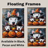 Bull Terrier Dog Halloween Canvas Wall Art with Witch Hat and Pumpkins Rustic Fall Accent for Cozy Farmhouse Homes on Ready to Hang 1.5" Thick Canvas Wrap, Floating Framed Canvas, Flat Rolled Canvas