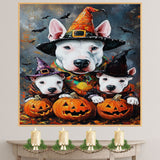 Bull Terrier Dog Halloween Canvas Wall Art with Witch Hat and Pumpkins Rustic Fall Accent for Cozy Farmhouse Homes on Ready to Hang 1.5" Thick Canvas Wrap, Floating Framed Canvas, Flat Rolled Canvas