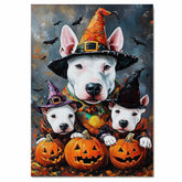 Bull Terrier Dog Halloween Canvas Wall Art with Witch Hat and Pumpkins Rustic Fall Accent for Cozy Farmhouse Homes on Ready to Hang 1.5" Thick Canvas Wrap, Floating Framed Canvas, Flat Rolled Canvas