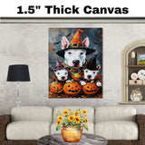 Bull Terrier Dog Halloween Canvas Wall Art with Witch Hat and Pumpkins Rustic Fall Accent for Cozy Farmhouse Homes on Ready to Hang 1.5" Thick Canvas Wrap, Floating Framed Canvas, Flat Rolled Canvas