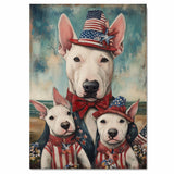Bull Terrier Mother and Puppies in Patriotic Outfits and Hats by the Beach with Vintage Americana Style on Ready to Hang 1.5" Thick Canvas Wrap, Floating Framed Canvas, Flat Rolled Canvas