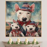 Bull Terrier Mother and Puppies in Patriotic Outfits and Hats by the Beach with Vintage Americana Style on Ready to Hang 1.5" Thick Canvas Wrap, Floating Framed Canvas, Flat Rolled Canvas