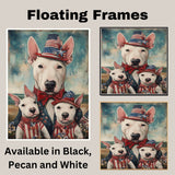 Bull Terrier Mother and Puppies in Patriotic Outfits and Hats by the Beach with Vintage Americana Style on Ready to Hang 1.5" Thick Canvas Wrap, Floating Framed Canvas, Flat Rolled Canvas