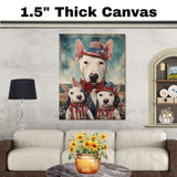 Bull Terrier Mother and Puppies in Patriotic Outfits and Hats by the Beach with Vintage Americana Style on Ready to Hang 1.5" Thick Canvas Wrap, Floating Framed Canvas, Flat Rolled Canvas