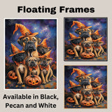 Bullmastiff Dog Halloween Canvas Wall Art with Witch Hat and Pumpkins Rustic Fall Accent for Farmhouse Homes on Ready to Hang 1.5" Thick Canvas Wrap, Floating Framed Canvas, Flat Rolled Canvas