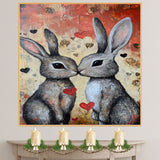 Bunny Couple Kissing with Hearts Romantic Rabbit Artwork for Animal Lovers and Cozy Home Spaces on Ready to Hang 1.5" Thick Canvas Wrap, Floating Framed Canvas, Flat Rolled Canvas