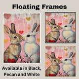 Bunny Couple Kissing on Pink Background Romantic Rabbit Artwork for Animal Lovers and Valentine Decor on Ready to Hang 1.5" Thick Canvas Wrap, Floating Framed Canvas, Flat Rolled Canvas