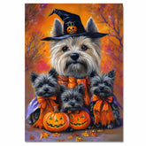 Halloween Cairn Terrier Dog Canvas Wall Art with Pumpkins and Witch Hat Rustic Fall Farmhouse Decor for Dog Lovers and Cozy Homes on Ready to Hang 1.5" Thick Canvas Wrap, Floating Framed Canvas, Flat Rolled Canvas