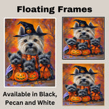 Halloween Cairn Terrier Dog Canvas Wall Art with Pumpkins and Witch Hat Rustic Fall Farmhouse Decor for Dog Lovers and Cozy Homes on Ready to Hang 1.5" Thick Canvas Wrap, Floating Framed Canvas, Flat Rolled Canvas