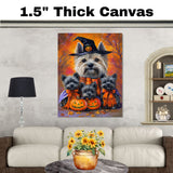 Halloween Cairn Terrier Dog Canvas Wall Art with Pumpkins and Witch Hat Rustic Fall Farmhouse Decor for Dog Lovers and Cozy Homes on Ready to Hang 1.5" Thick Canvas Wrap, Floating Framed Canvas, Flat Rolled Canvas