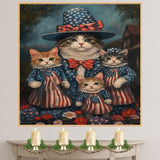 Mother Cat and Three Kittens in Patriotic Outfits with Red White and Blue Hats and Bows in Oil Painting Style on Ready to Hang 1.5" Thick Canvas Wrap, Floating Framed Canvas, Flat Rolled Canvas