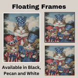 Mother Cat and Three Kittens in Red White and Blue Starry Outfits with Top Hats and Bows in Charming Oil Painting on Ready to Hang 1.5" Thick Canvas Wrap, Floating Framed Canvas, Flat Rolled Canvas