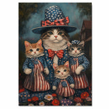 Mother Cat and Three Kittens in Patriotic Outfits with Red White and Blue Hats and Bows in Oil Painting Style on Ready to Hang 1.5" Thick Canvas Wrap, Floating Framed Canvas, Flat Rolled Canvas