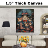 Mother Cat and Three Kittens in Patriotic Outfits with Red White and Blue Hats and Bows in Oil Painting Style on Ready to Hang 1.5" Thick Canvas Wrap, Floating Framed Canvas, Flat Rolled Canvas