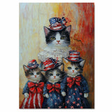 Mother Cat and Three Kittens Dressed in Patriotic Red White and Blue Outfits with Stars and Bows in Oil Painting Style on Ready to Hang 1.5" Thick Canvas Wrap, Floating Framed Canvas, Flat Rolled Canvas