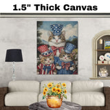 Mother Cat and Three Kittens in Red White and Blue Starry Outfits with Top Hats and Bows in Charming Oil Painting on Ready to Hang 1.5" Thick Canvas Wrap, Floating Framed Canvas, Flat Rolled Canvas