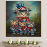 Mother Cat and Three Kittens in Patriotic Outfits with Stars and Stripes in a Garden Setting on Ready to Hang 1.5" Thick Canvas Wrap, Floating Framed Canvas, Flat Rolled Canvas