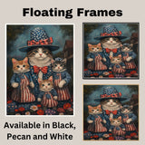 Mother Cat and Three Kittens in Patriotic Outfits with Red White and Blue Hats and Bows in Oil Painting Style on Ready to Hang 1.5" Thick Canvas Wrap, Floating Framed Canvas, Flat Rolled Canvas