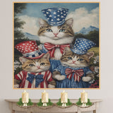 Mother Cat and Three Kittens in Red White and Blue Starry Outfits with Top Hats and Bows in Charming Oil Painting on Ready to Hang 1.5" Thick Canvas Wrap, Floating Framed Canvas, Flat Rolled Canvas