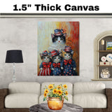 Mother Cat and Three Kittens Dressed in Patriotic Red White and Blue Outfits with Stars and Bows in Oil Painting Style on Ready to Hang 1.5" Thick Canvas Wrap, Floating Framed Canvas, Flat Rolled Canvas