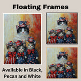 Mother Cat and Three Kittens Dressed in Patriotic Red White and Blue Outfits with Stars and Bows in Oil Painting Style on Ready to Hang 1.5" Thick Canvas Wrap, Floating Framed Canvas, Flat Rolled Canvas