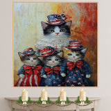 Mother Cat and Three Kittens Dressed in Patriotic Red White and Blue Outfits with Stars and Bows in Oil Painting Style on Ready to Hang 1.5" Thick Canvas Wrap, Floating Framed Canvas, Flat Rolled Canvas