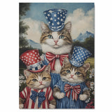 Mother Cat and Three Kittens in Red White and Blue Starry Outfits with Top Hats and Bows in Charming Oil Painting on Ready to Hang 1.5" Thick Canvas Wrap, Floating Framed Canvas, Flat Rolled Canvas