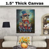 Mother Cat and Three Kittens in Patriotic Outfits with Stars and Stripes in a Garden Setting on Ready to Hang 1.5" Thick Canvas Wrap, Floating Framed Canvas, Flat Rolled Canvas