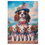 Mother Cavalier King Charles Spaniel with Puppies in Patriotic Outfits and Flag Hat Oil Painting on Ready to Hang 1.5" Thick Canvas Wrap, Floating Framed Canvas, Flat Rolled Canvas