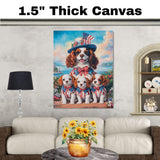 Mother Cavalier King Charles Spaniel with Puppies in Patriotic Outfits and Flag Hat Oil Painting on Ready to Hang 1.5" Thick Canvas Wrap, Floating Framed Canvas, Flat Rolled Canvas