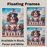 Mother Cavalier King Charles Spaniel with Puppies in Patriotic Outfits and Flag Hat Oil Painting on Ready to Hang 1.5" Thick Canvas Wrap, Floating Framed Canvas, Flat Rolled Canvas
