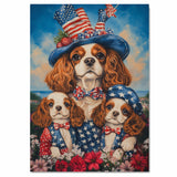 Mother Cavalier King Charles Spaniel and Puppies in Patriotic Starry Outfits with Festive Hat Oil Painting on Ready to Hang 1.5" Thick Canvas Wrap, Floating Framed Canvas, Flat Rolled Canvas