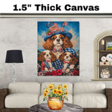 Mother Cavalier King Charles Spaniel and Puppies in Patriotic Starry Outfits with Festive Hat Oil Painting on Ready to Hang 1.5" Thick Canvas Wrap, Floating Framed Canvas, Flat Rolled Canvas
