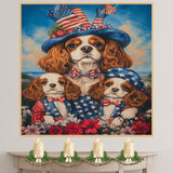 Mother Cavalier King Charles Spaniel and Puppies in Patriotic Starry Outfits with Festive Hat Oil Painting on Ready to Hang 1.5" Thick Canvas Wrap, Floating Framed Canvas, Flat Rolled Canvas