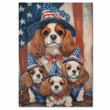 Cavalier King Charles Spaniel Mother and Puppies in Patriotic Hats with American Flag Background Oil Painting on Ready to Hang 1.5" Thick Canvas Wrap, Floating Framed Canvas, Flat Rolled Canvas