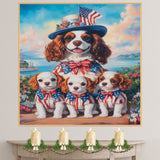 Mother Cavalier King Charles Spaniel with Puppies in Patriotic Outfits and Flag Hat Oil Painting on Ready to Hang 1.5" Thick Canvas Wrap, Floating Framed Canvas, Flat Rolled Canvas