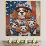 Cavalier King Charles Spaniel Mother and Puppies in Patriotic Hats with American Flag Background Oil Painting on Ready to Hang 1.5" Thick Canvas Wrap, Floating Framed Canvas, Flat Rolled Canvas